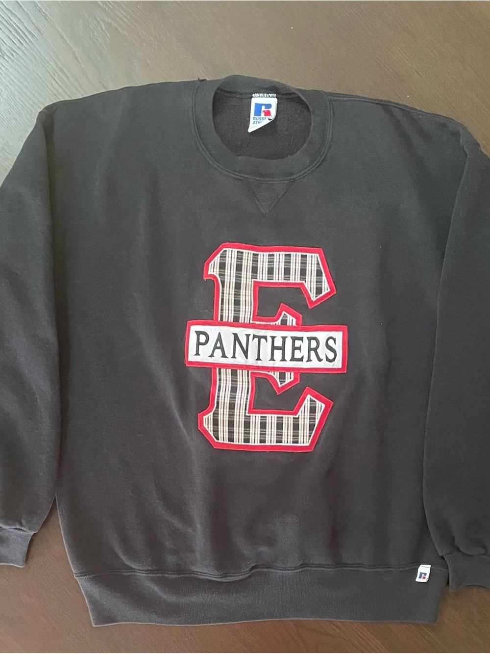 VTG 90s Russell Athletic Panthers Sweatshirt Mens XL Black Plaid E Logo USA